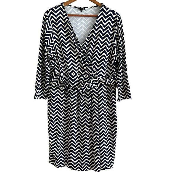 Talbots Chevron Faux Wrap Dress XLP Navy Stretch Jersey Comfort Casual Nautical - Picture 2 of 14